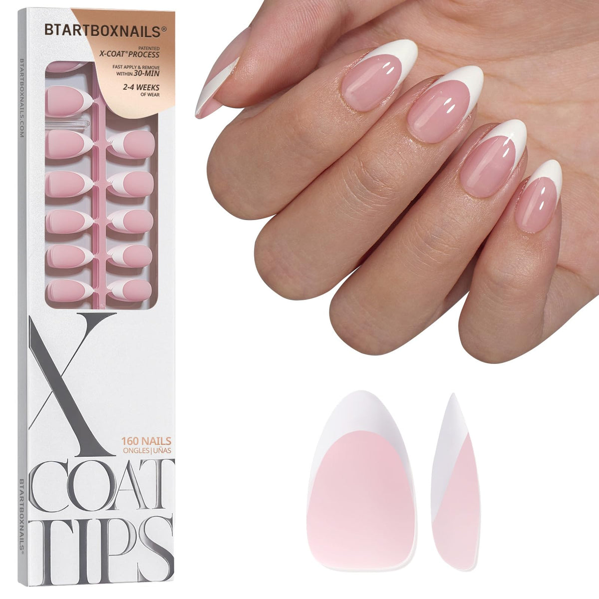 BTARTBOXNAILS White French Tip Press On Nails Short Almond Pink front view