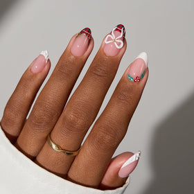 BTARTBOXNAILS White French Tip Press On Nails Short Almond Pink in use