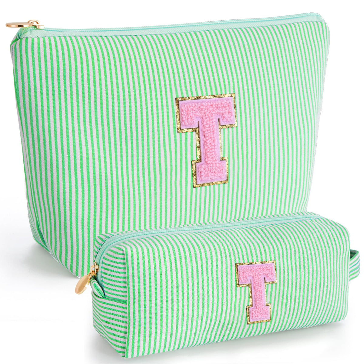 Btffitting Makeup Bag Set front view in green with initials