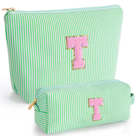 Btffitting Makeup Bag Set front view in green with initials