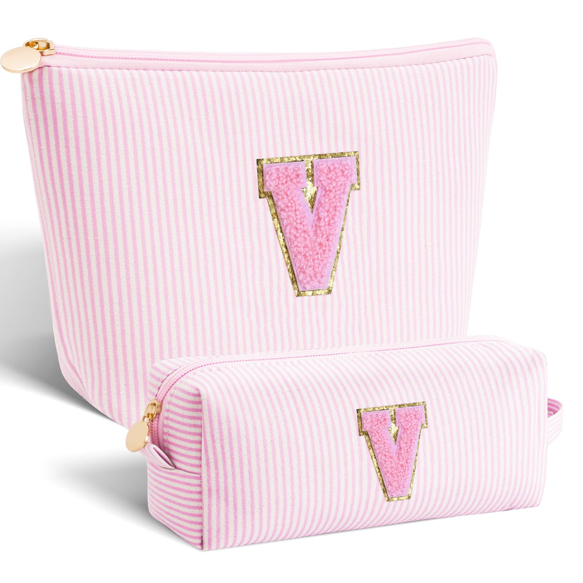 Btffitting pink makeup bag set with personalized initials front view