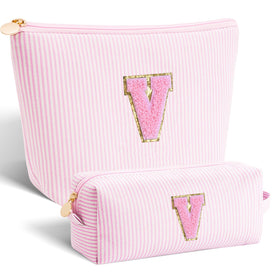 Btffitting pink makeup bag set with personalized initials front view