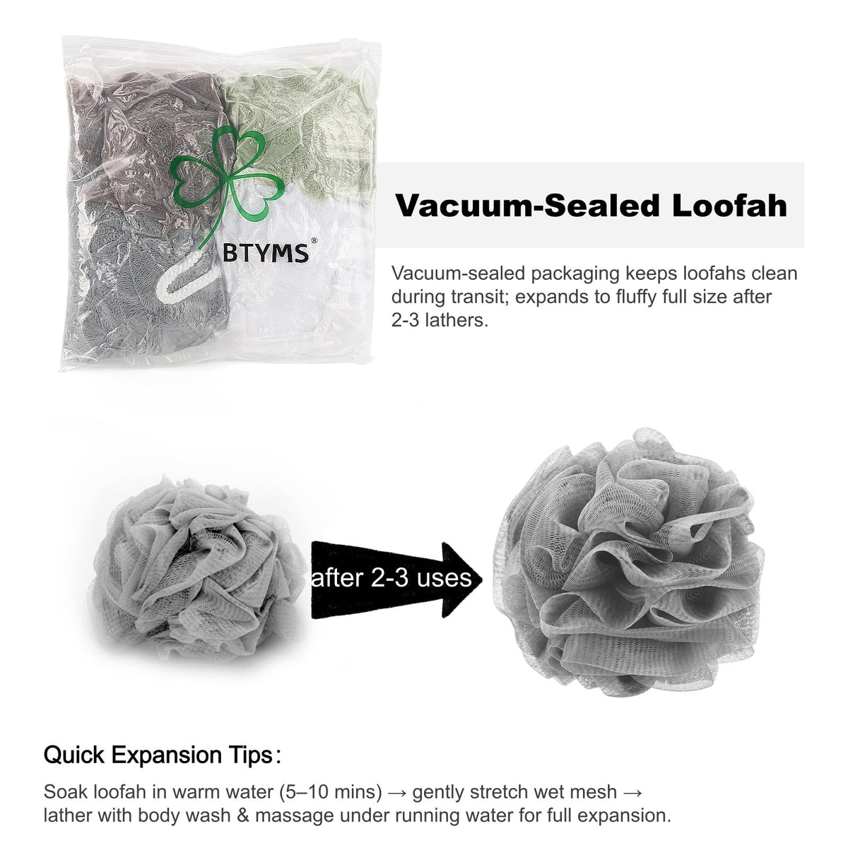 BTYMS loofah sponge pack with vacuum-sealed packaging