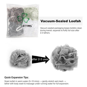 BTYMS loofah sponge pack with vacuum-sealed packaging