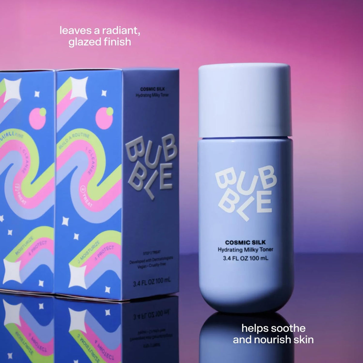 Bubble Skincare Cosmic Silk Hydrating Milky Toner with drops on skin