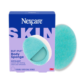 Buf-Puf Exfoliating Body Sponge front view with white and blue sides