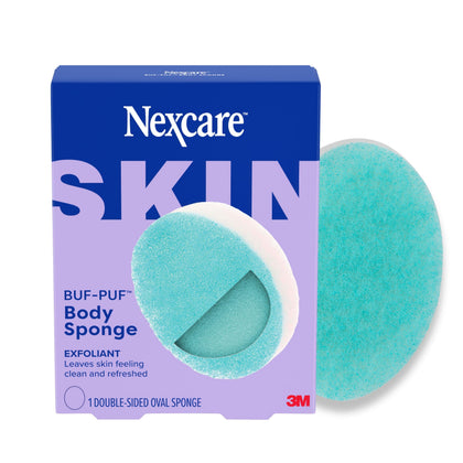 Buf-Puf Exfoliating Body Sponge front view with white and blue sides