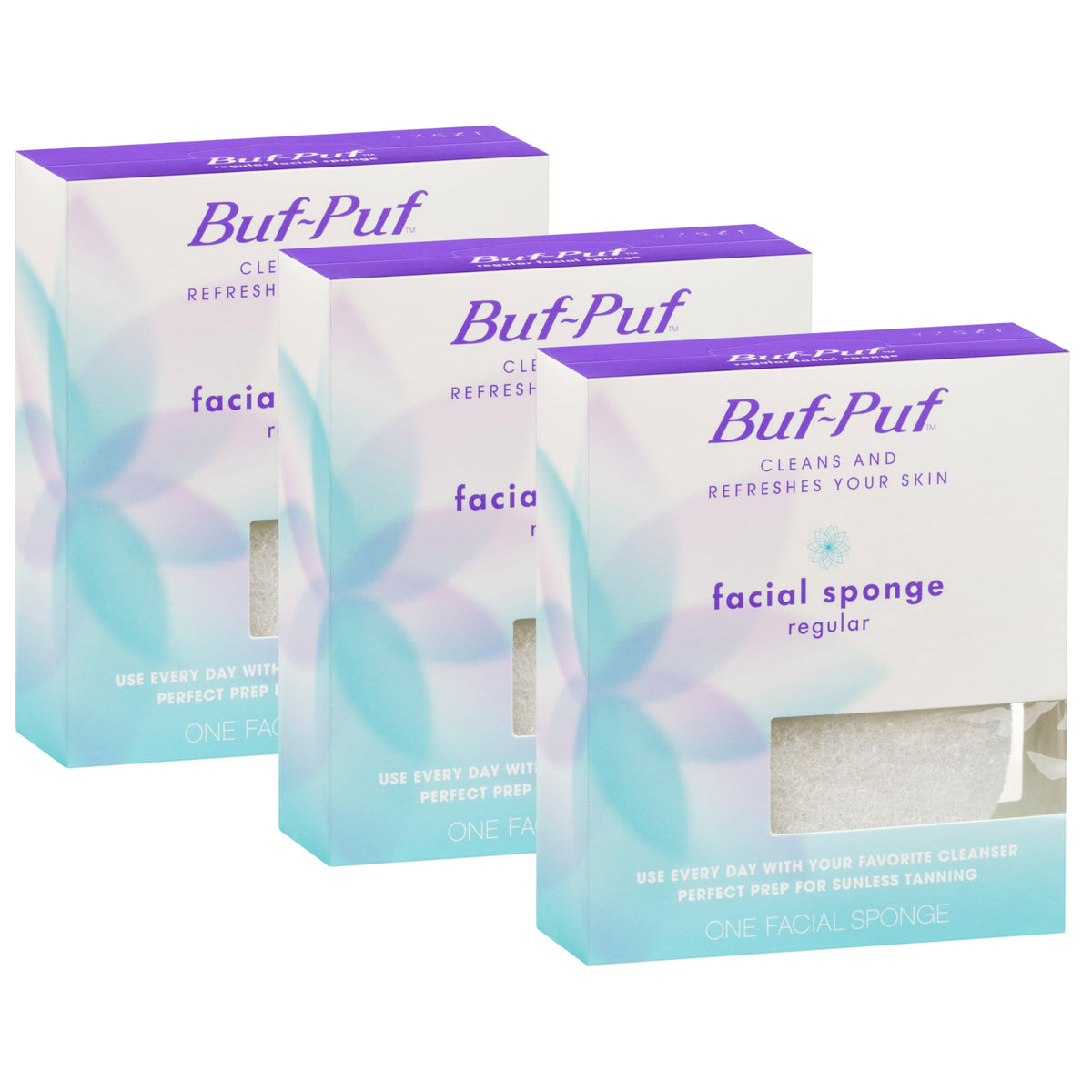 Buf-Puf Facial Sponge white model front view with packaging