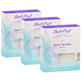 Buf-Puf Facial Sponge white model front view with packaging