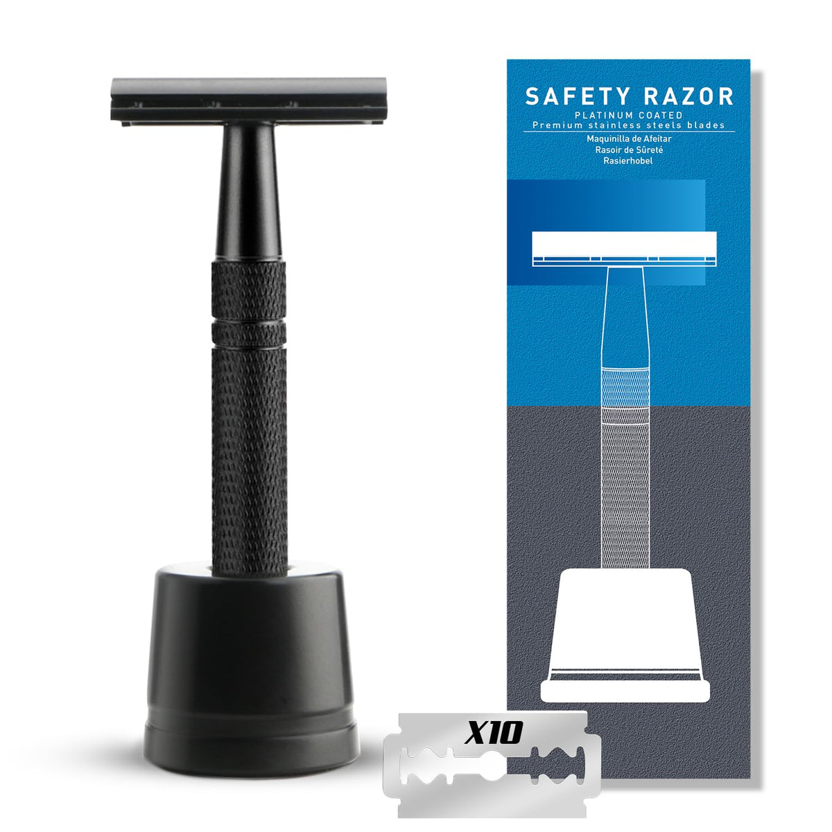 BULIMICA Matte Black Safety Razor front view with stand
