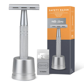 BULIMICA Matte Silver Safety Razor front view with stand