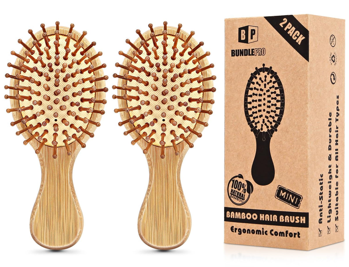 BUNDLEPRO Hair Brush Mini 2 Pack with natural bristles front view