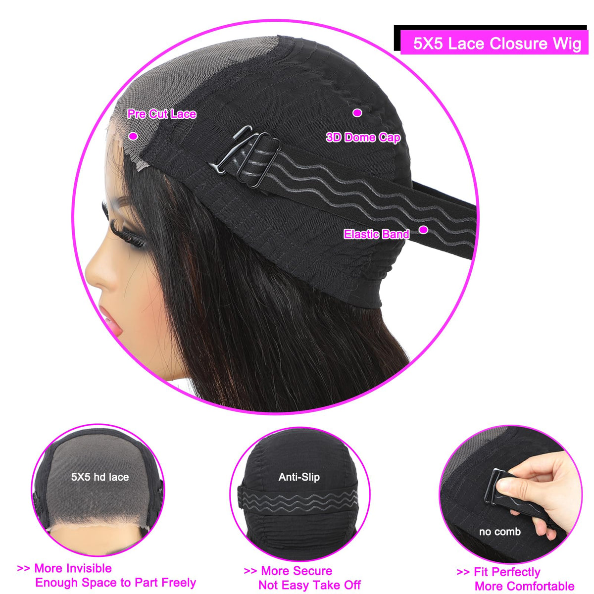 bunGiol Glueless Human Hair Wig side view showing lace closure
