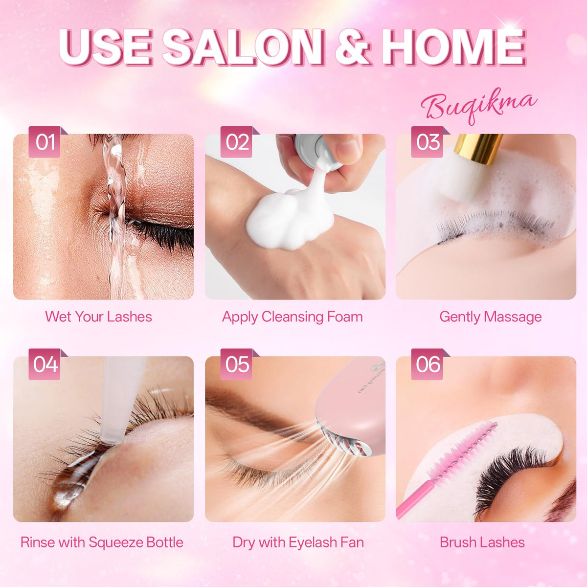 Buqikma Lash Shampoo bottles with soft cleansing brush