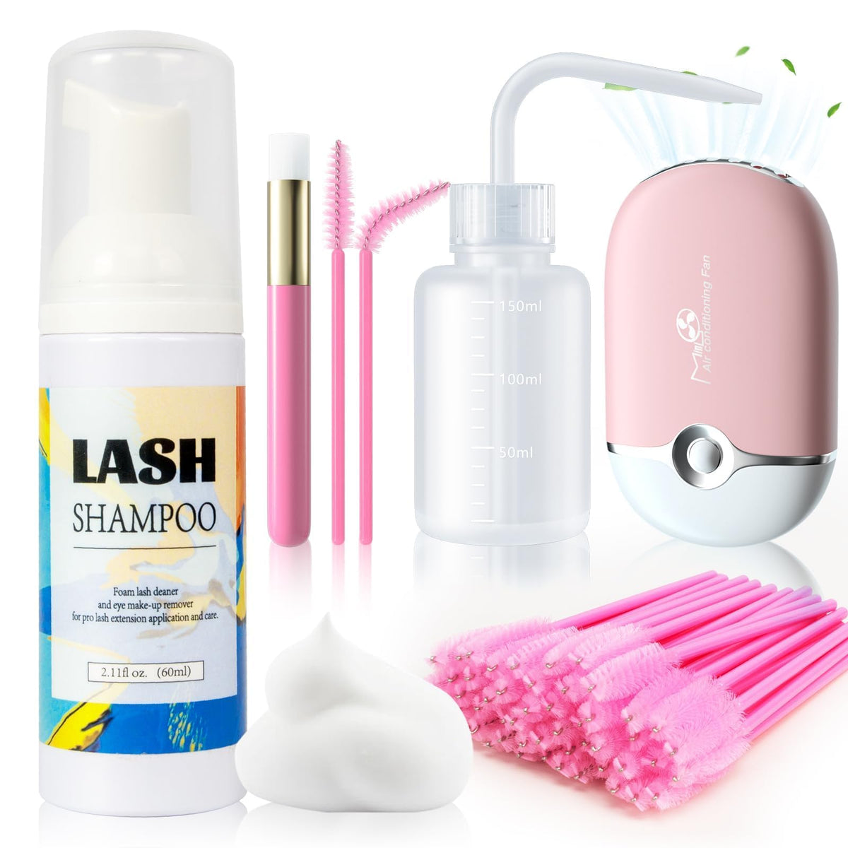 Buqikma Lash Shampoo Kit 60ml with cleansing brush and fan