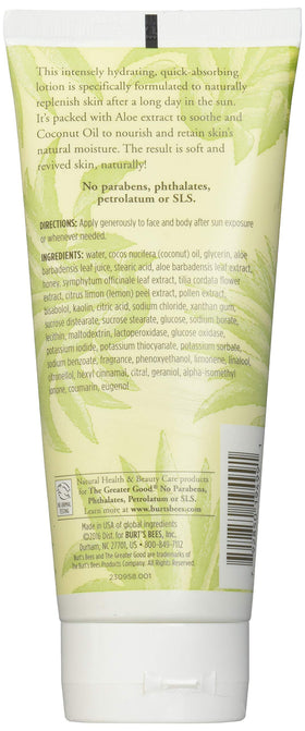 Burt's Bees Aloe & Coconut Oil After Sun Soother 6 oz tube with coconut and aloe background