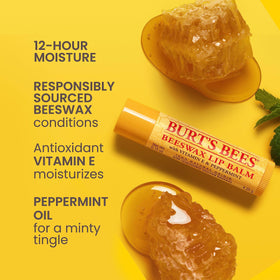 Burt's Bees Beeswax Lip Balm tube close-up showing peppermint flavour