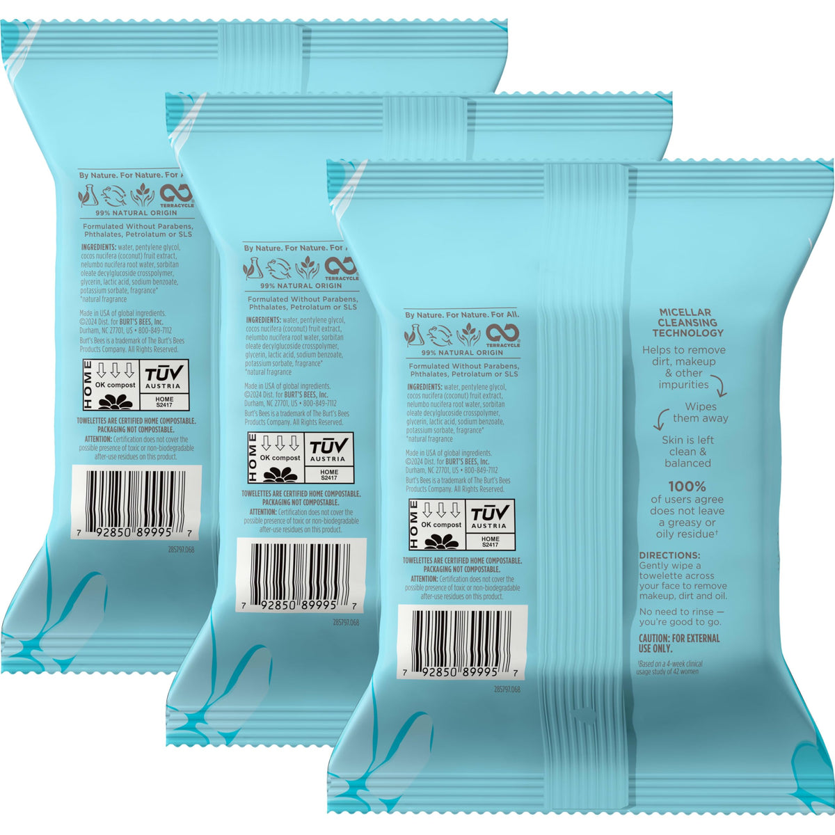 Burt's Bees Facial Towelettes 90 Count, side view of packaging
