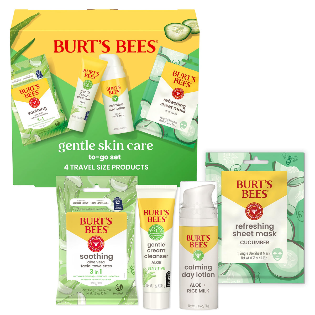 Burt's Bees Gentle Skin Care To-Go Set including cleanser, lotion, towelettes, and sheet mask