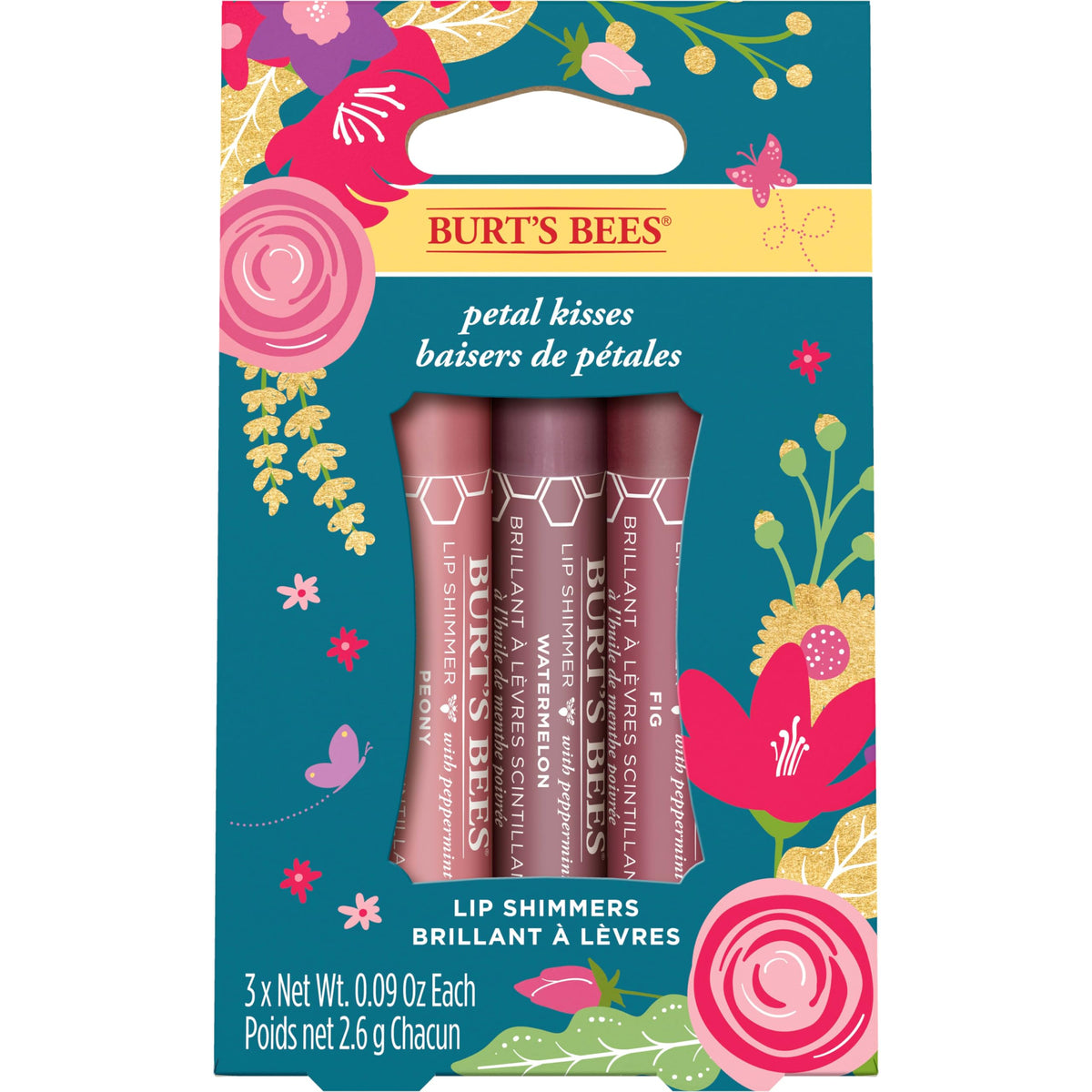 Burt's Bees Kissable Color Gift Set front view with three lip shimmers