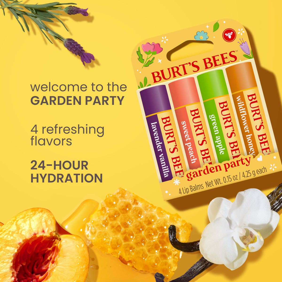 Burt's Bees Lavender Vanilla lip balm tube close-up