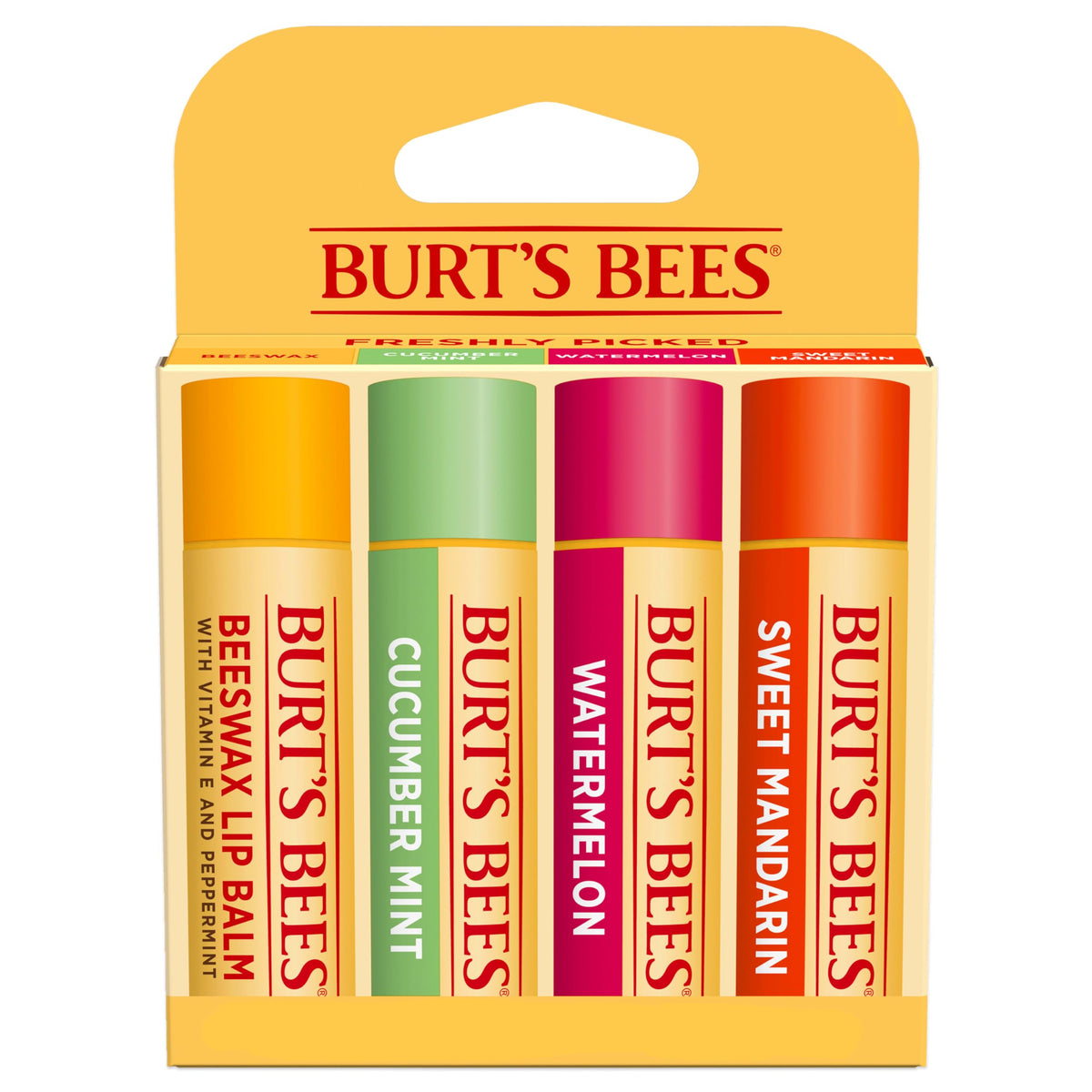 Burt's Bees Lip Balm 4-Pack with Beeswax, Cucumber Mint, Watermelon, and Sweet Mandarin flavours