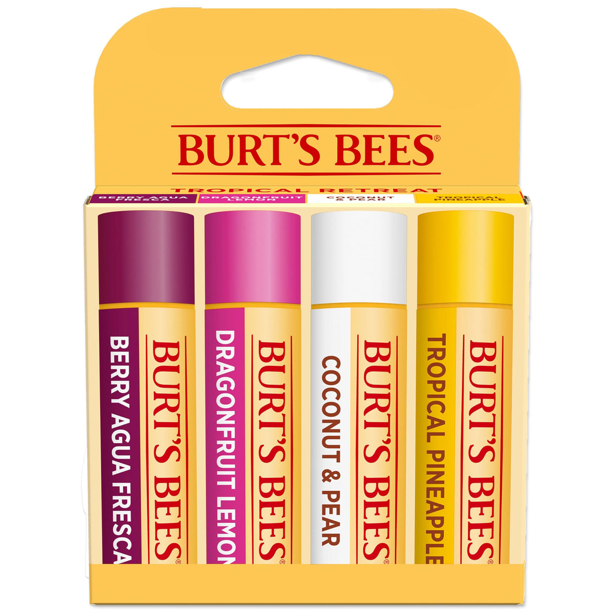 Burt's Bees Lip Balm Pack with four tubes in Berry Agua Fresca, Dragonfruit Lemon, Coconut and Pear, Tropical Pineapple