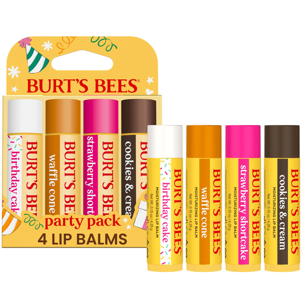 Burt's Bees Lip Balm Party Pack featuring four tubes in Birthday Cake, Waffle Cone, Strawberry Shortcake, and Cookies and Cream