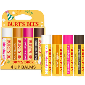 Burt's Bees Lip Balm Party Pack featuring four tubes in Birthday Cake, Waffle Cone, Strawberry Shortcake, and Cookies and Cream