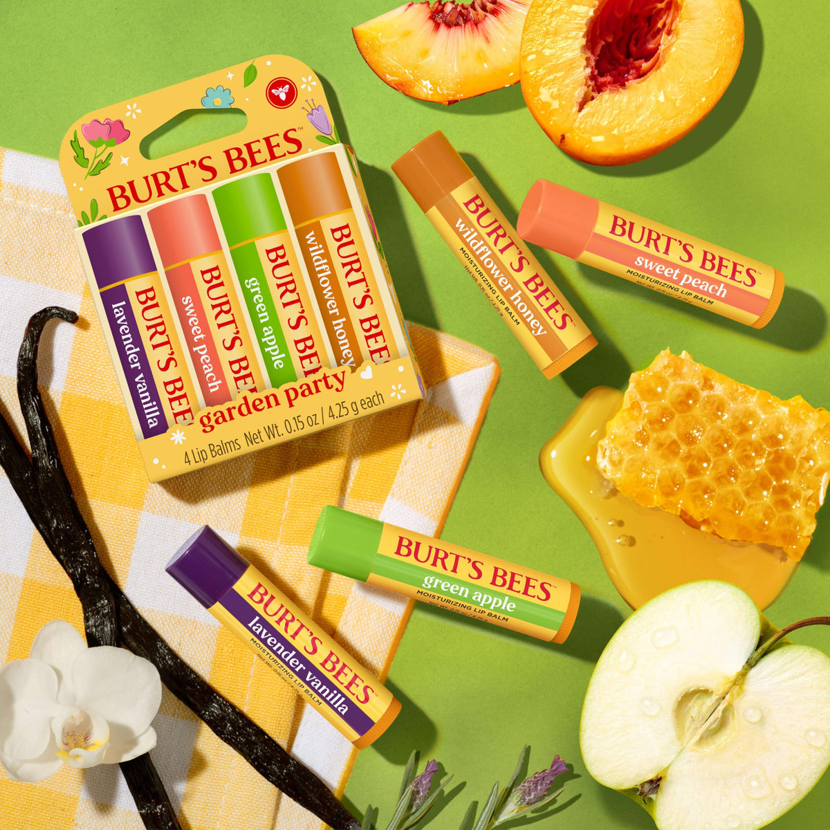 Burt's Bees lip balm set with natural ingredients around