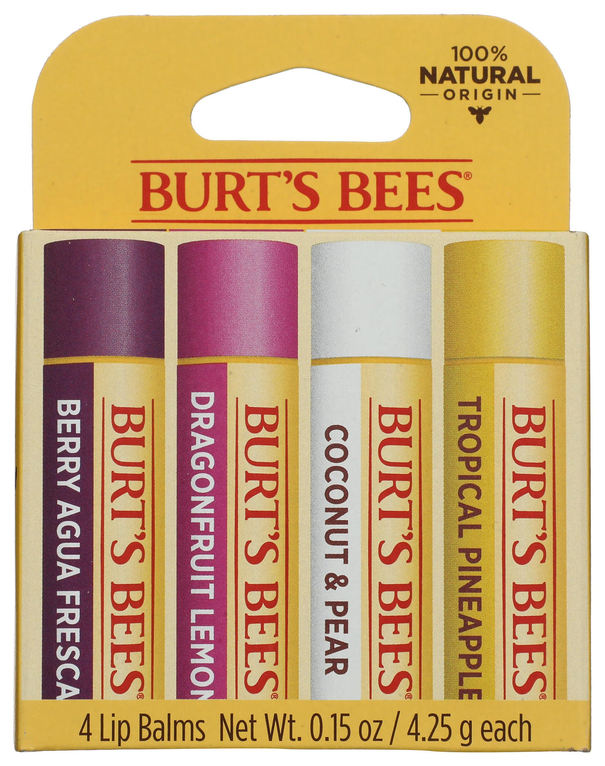 Burt's Bees Lip Balm Tropical Assortment front view with four balms