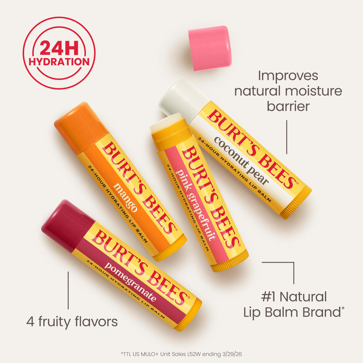 Burt's Bees Lip Balm tubes arranged in a row