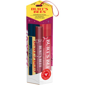 Burt's Bees lip balms arranged with a hairband for hanging