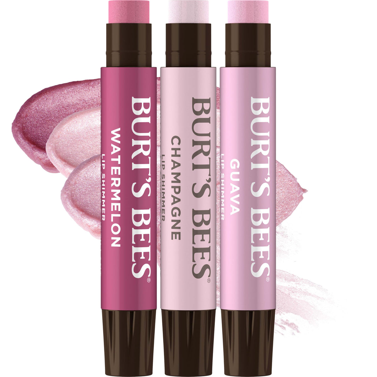 Burt's Bees Lip Shimmer Pink Collection front view with three tubes