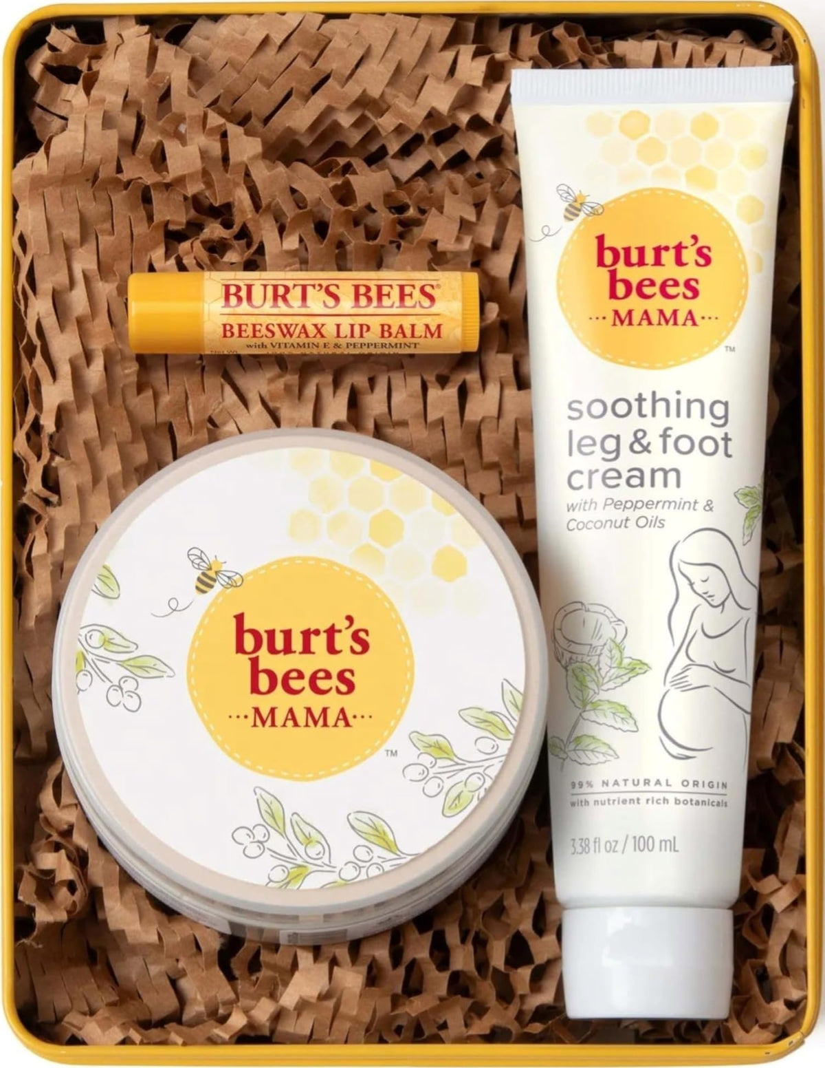 Burt's Bees Mama Gift Set tin with foot cream, belly butter, and lip balm