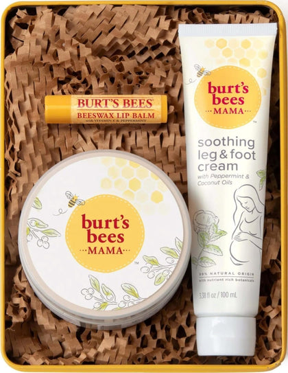 Burt's Bees Mama Gift Set tin with foot cream, belly butter, and lip balm