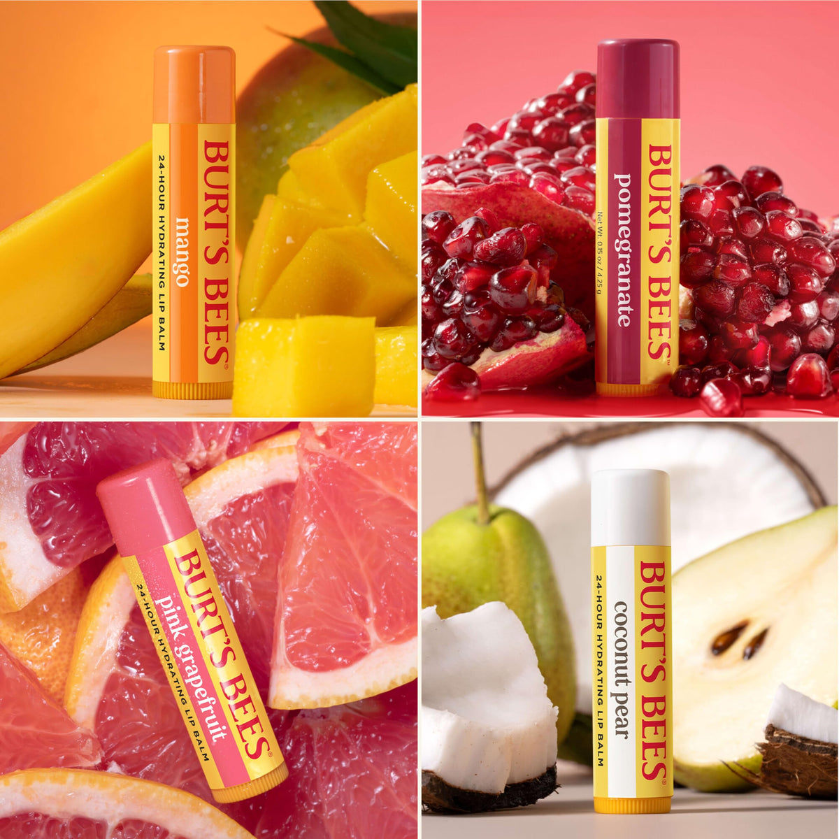 Burt's Bees Mango Lip Balm tube on a wooden surface