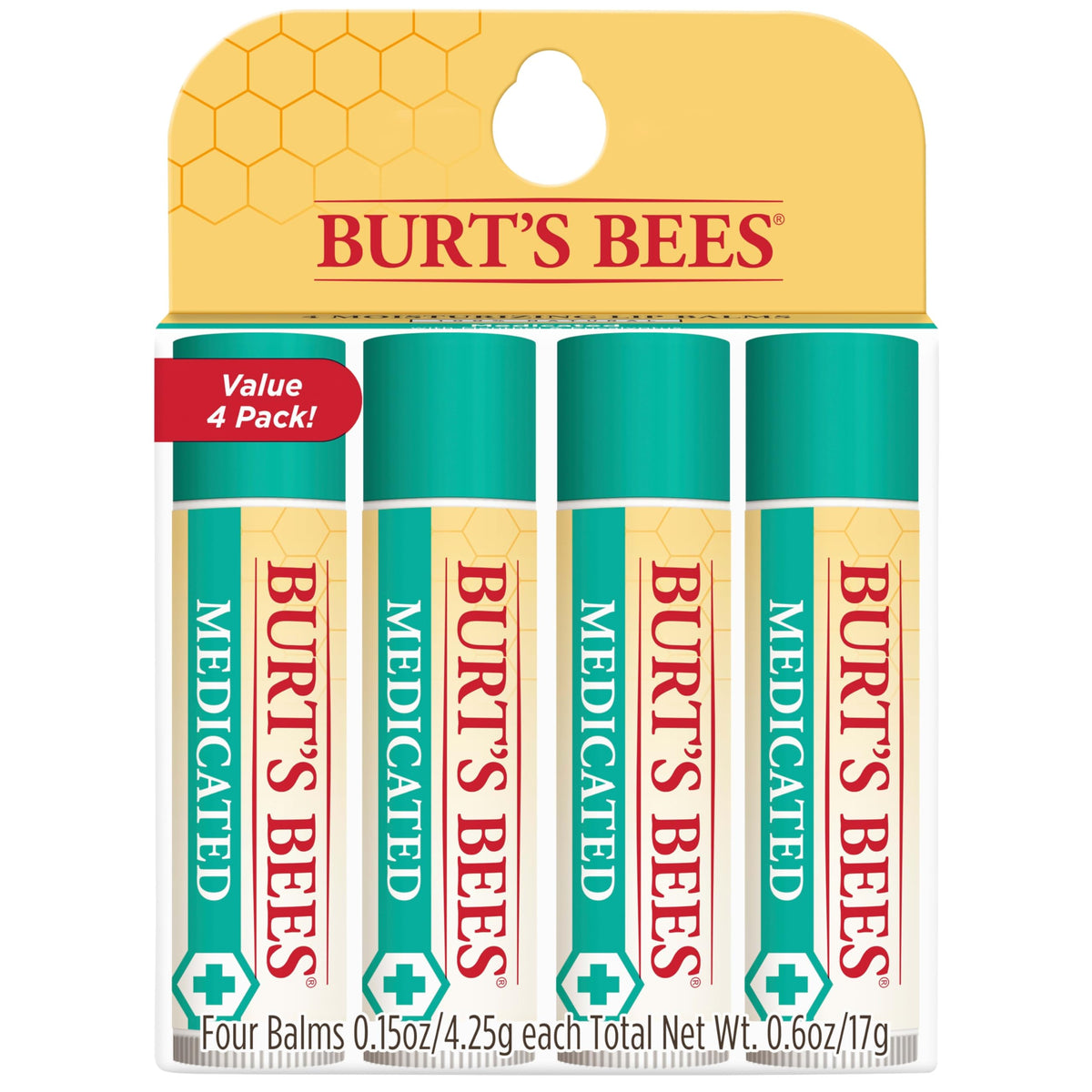 Burt's Bees Medicated Lip Balm four tubes packaging front view