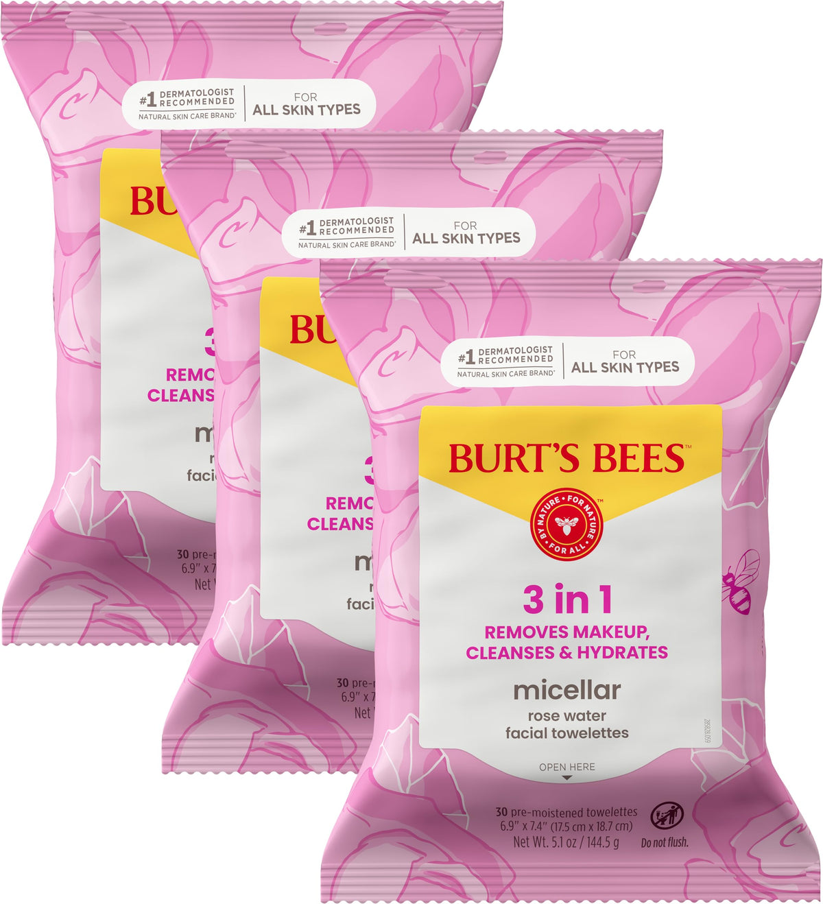 Burt's Bees Micellar Rose Water Facial Towelettes front view packaging