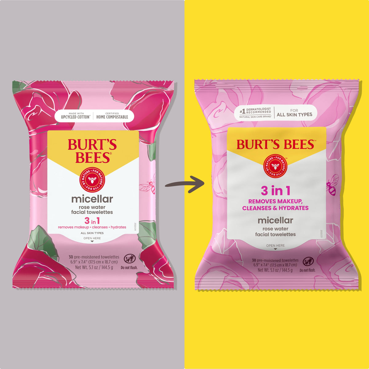 Burt's Bees Micellar Rose Water Facial Towelettes opened with wipes visible