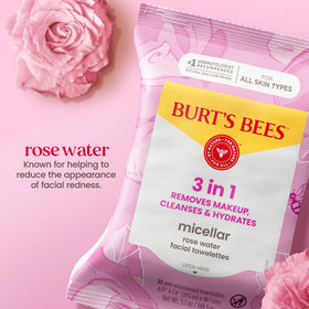 Burt's Bees Micellar Rose Water Facial Towelettes with rose petals