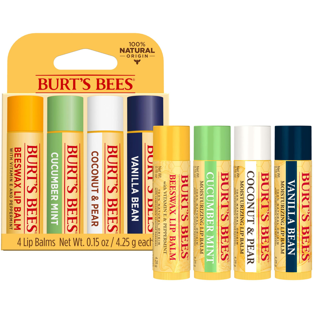 Burt's Bees Moisturizing Lip Balm packaging with ingredients list