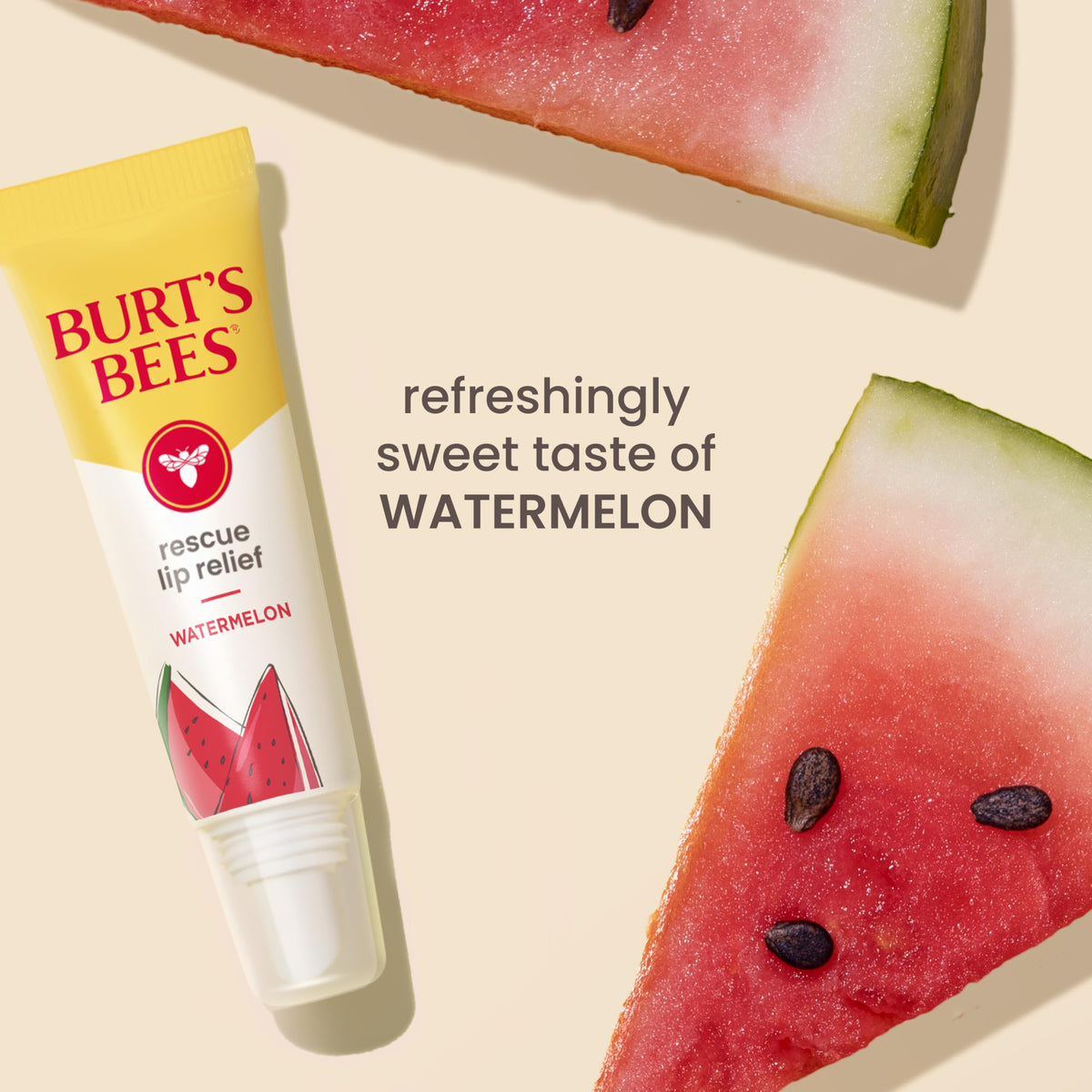 Burt's Bees Rescue Lip Relief packaging with ingredients list