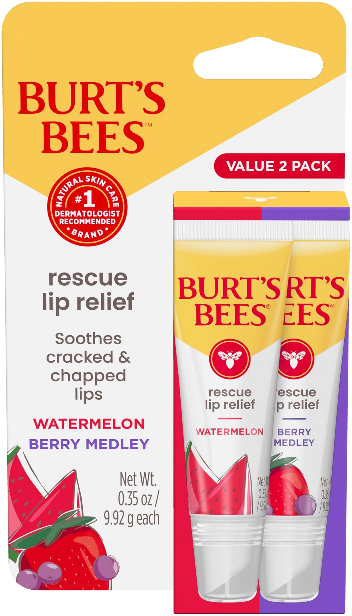 Burt's Bees Rescue Lip Relief Watermelon flavour tube front view