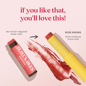 Burt's Bees Rose Knows Tinted support Lip Balm with a floral background