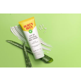 Burt's Bees SPF 30 Calming Day Lotion on a bathroom counter