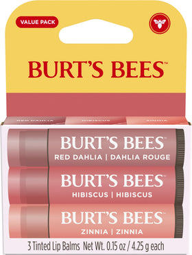 Burt's Bees Tinted Lip Balms 3-Pack with Red Dahlia, Hibiscus, and Zinnia