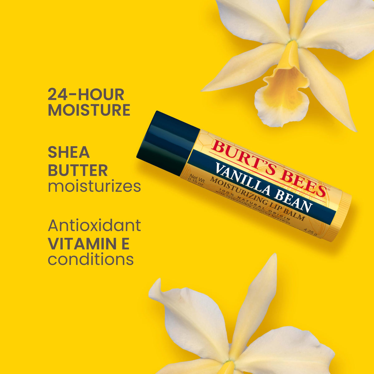 Burt's Bees Vanilla Bean Lip Balm tube close-up