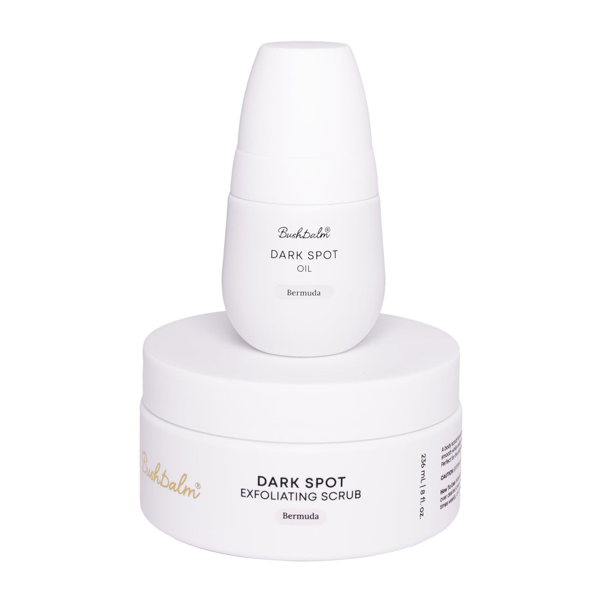 Bushbalm 2-Step Dark Spot Routine bundle including Bermuda Oil and Exfoliating Scrub