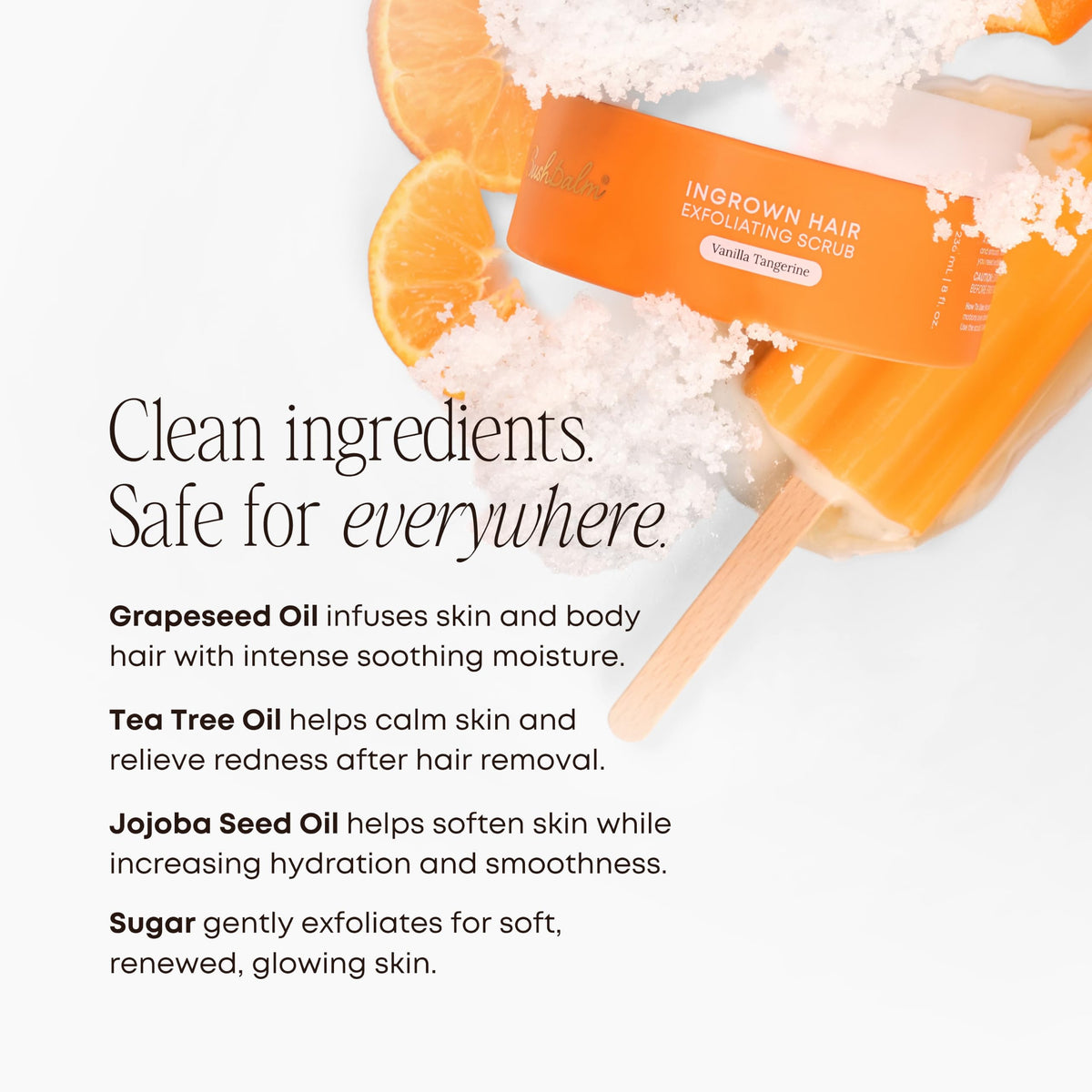 Bushbalm Ingrown Hair Exfoliating Body Scrub Vanilla Tangerine in shower setting